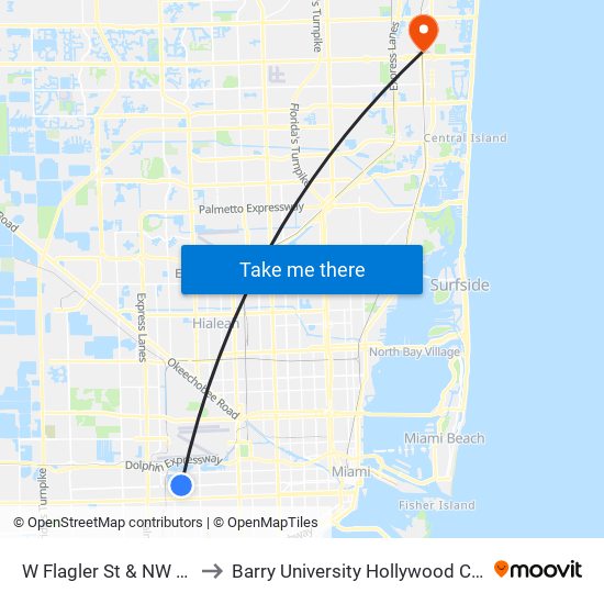 W Flagler St & NW 64 Av to Barry University Hollywood Campus map