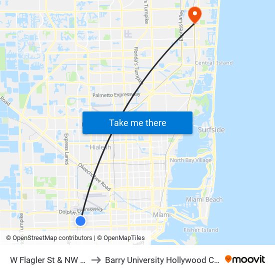 W Flagler St & NW 67 Ct to Barry University Hollywood Campus map