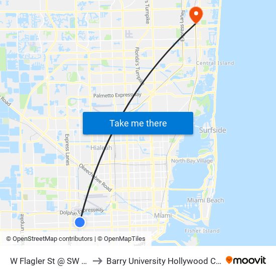 W Flagler St @ SW 69 Av to Barry University Hollywood Campus map