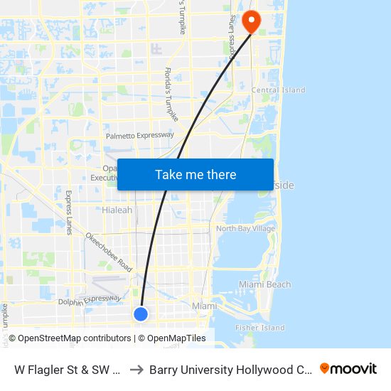 W Flagler St & SW 37 Av to Barry University Hollywood Campus map