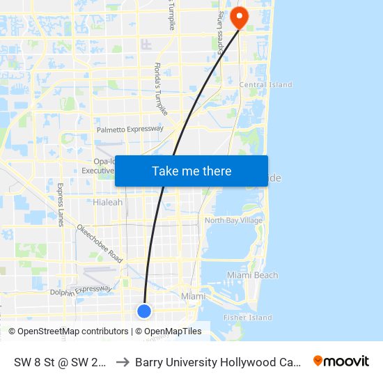 SW 8 St @ SW 29 Ct to Barry University Hollywood Campus map