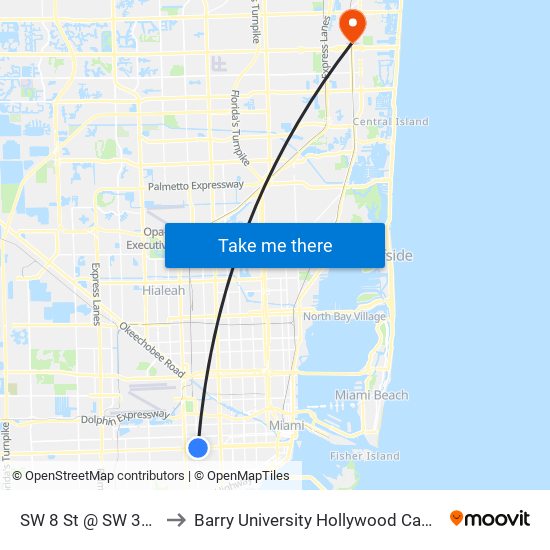 SW 8 St @ SW 36 Ct to Barry University Hollywood Campus map