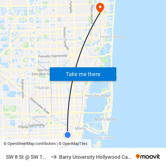 SW 8 St @ SW 17 Av to Barry University Hollywood Campus map