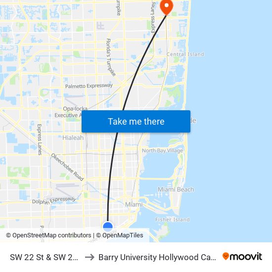 SW 22 St & SW 22 Av to Barry University Hollywood Campus map