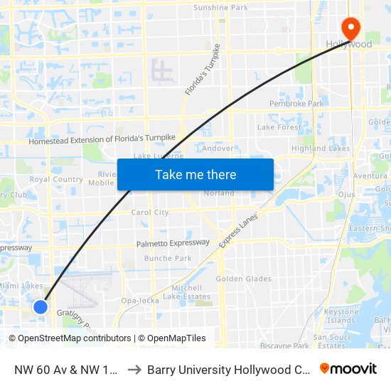 NW 60 Av & NW 139 St to Barry University Hollywood Campus map