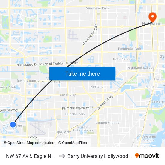 NW 67 Av & Eagle Nest Ln S to Barry University Hollywood Campus map