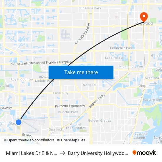 Miami Lakes Dr E & NW 57 Ct to Barry University Hollywood Campus map