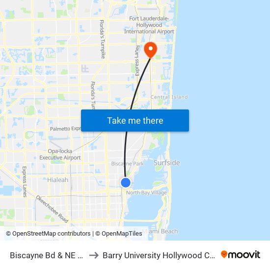 Biscayne Bd & NE 91 St to Barry University Hollywood Campus map