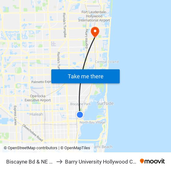 Biscayne Bd & NE 93 St to Barry University Hollywood Campus map