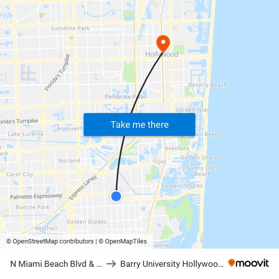 N Miami Beach Blvd & NE 10 Av to Barry University Hollywood Campus map