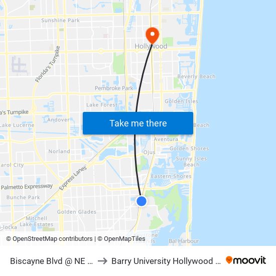 Biscayne Blvd @ NE 156 St to Barry University Hollywood Campus map