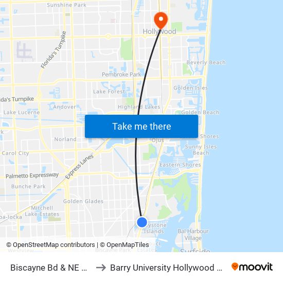 Biscayne Bd & NE 135 St to Barry University Hollywood Campus map
