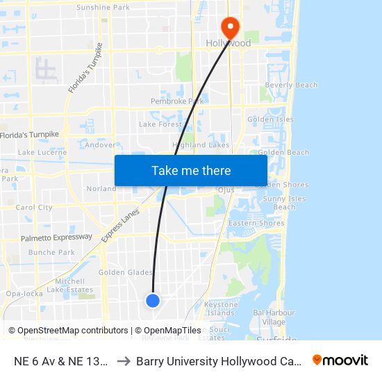 NE 6 Av & NE 135 St to Barry University Hollywood Campus map