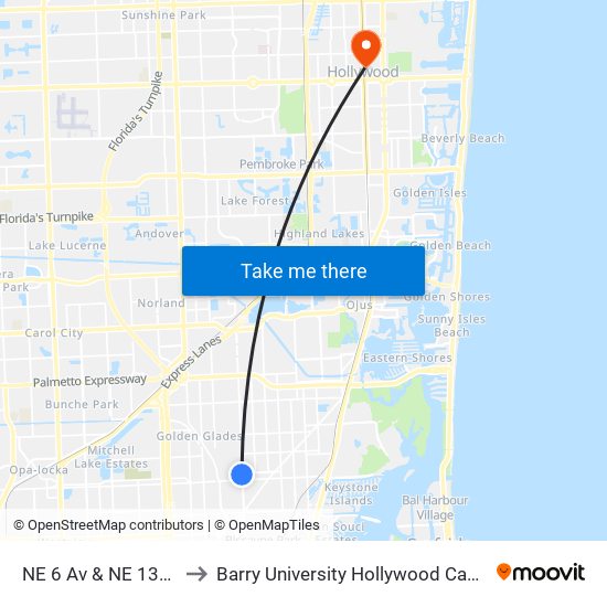 NE 6 Av & NE 137 St to Barry University Hollywood Campus map