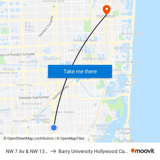 NW 7 Av & NW 131 St to Barry University Hollywood Campus map