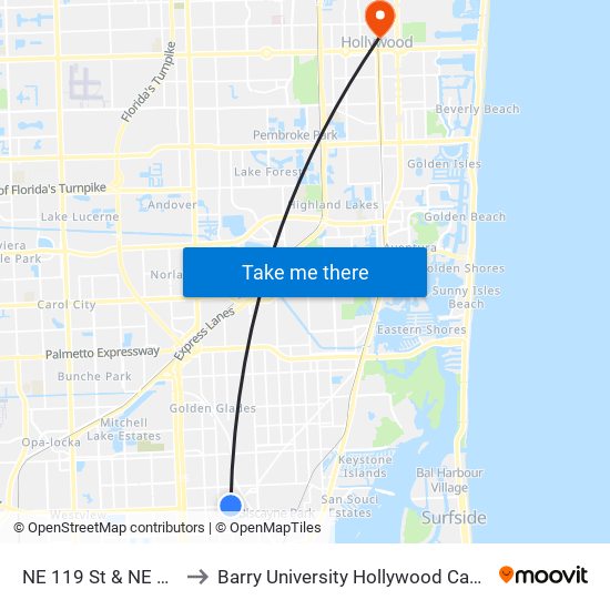 NE 119 St & NE 2 Av to Barry University Hollywood Campus map