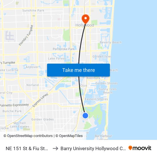 NE 151 St & Fiu Stadium to Barry University Hollywood Campus map