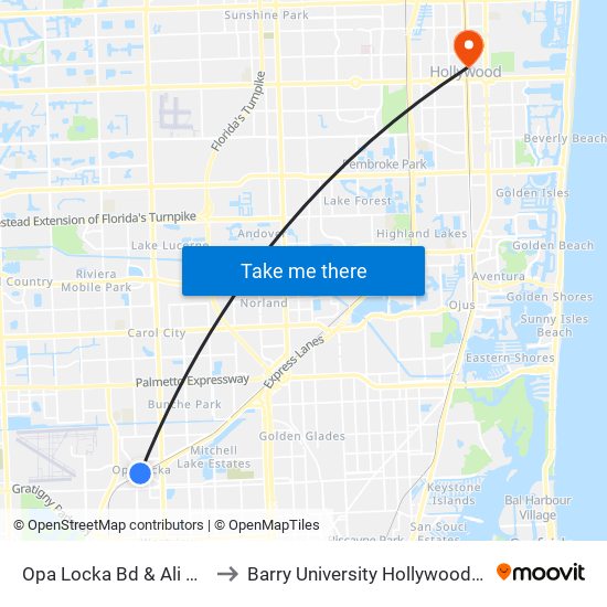 Opa Locka Bd & Ali Baba Av to Barry University Hollywood Campus map