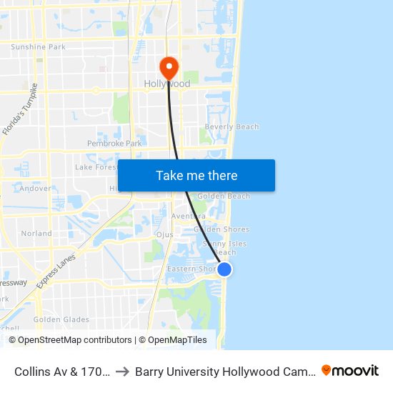 Collins Av & 170 St to Barry University Hollywood Campus map
