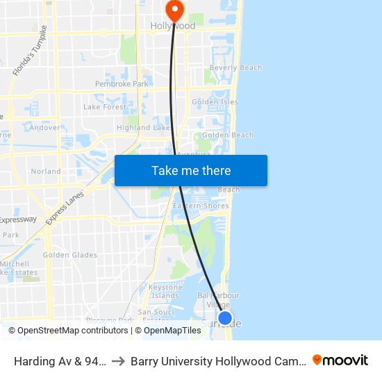 Harding Av & 94 St to Barry University Hollywood Campus map