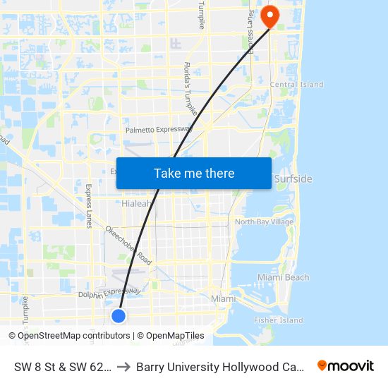 SW 8 St & SW 62 Av to Barry University Hollywood Campus map