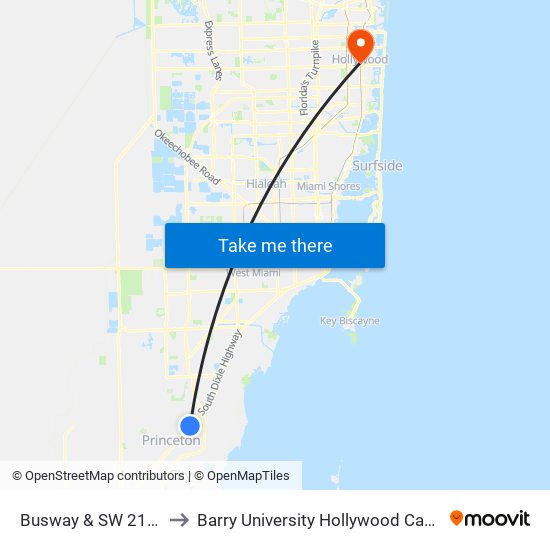 Busway & SW 216 St to Barry University Hollywood Campus map