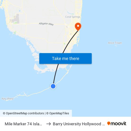 Mile Marker 74 Islamorada to Barry University Hollywood Campus map