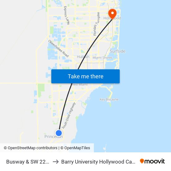 Busway & SW 220 St to Barry University Hollywood Campus map