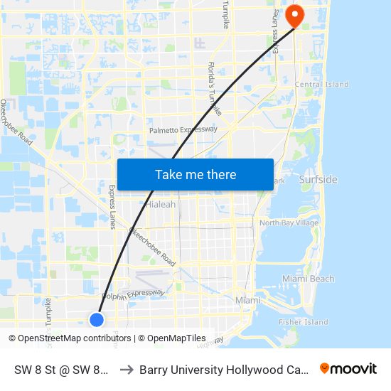 SW 8 St @ SW 89 Av to Barry University Hollywood Campus map