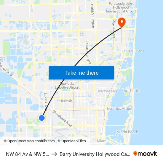 NW 84 Av & NW 58 St to Barry University Hollywood Campus map