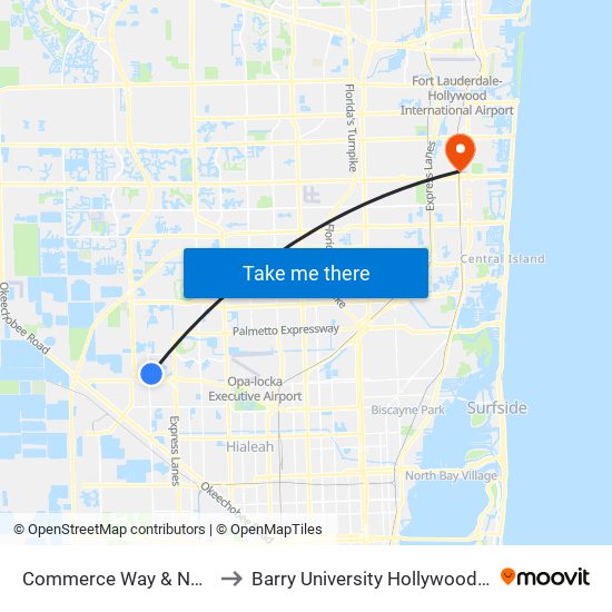 Commerce Way & NW 85 Av to Barry University Hollywood Campus map