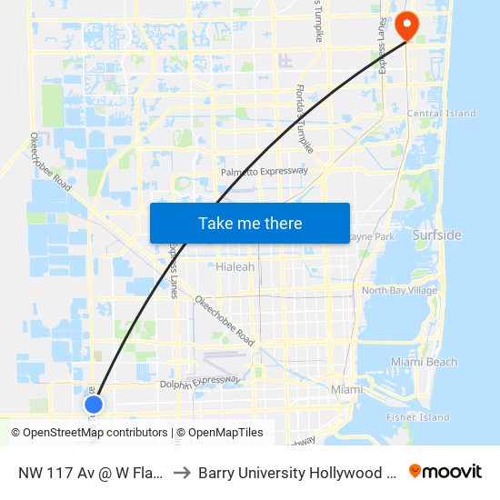 NW 117 Av @ W Flagler St to Barry University Hollywood Campus map