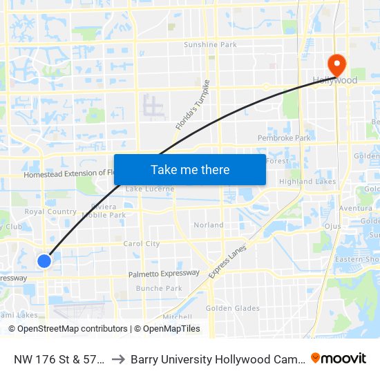 NW 176 St & 57 Av to Barry University Hollywood Campus map