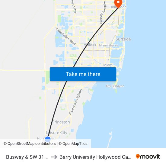 Busway & SW 312 St to Barry University Hollywood Campus map