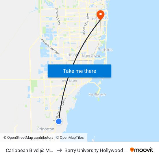 Caribbean Blvd @ Marlin Rd to Barry University Hollywood Campus map