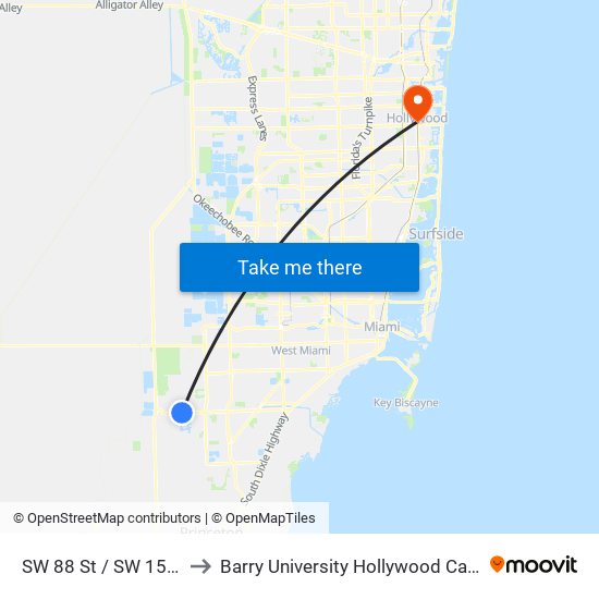 SW 88 St / SW 157 Av to Barry University Hollywood Campus map