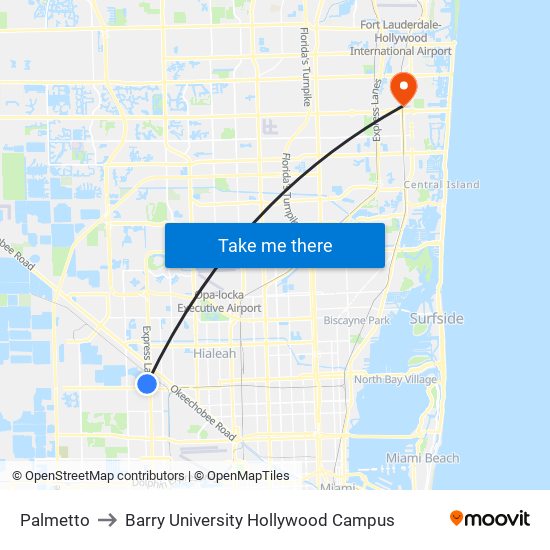 Palmetto to Barry University Hollywood Campus map