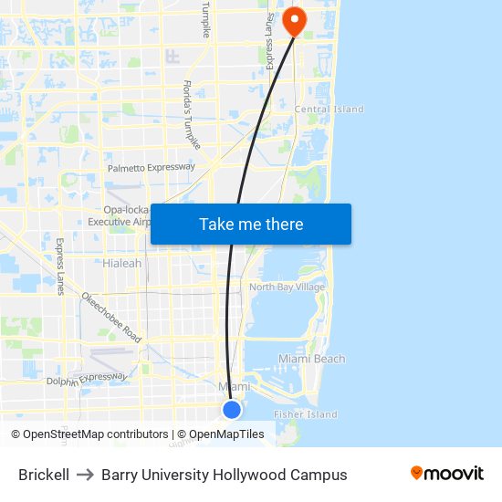 Brickell to Barry University Hollywood Campus map