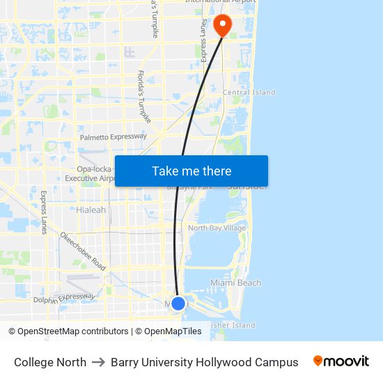 College North to Barry University Hollywood Campus map