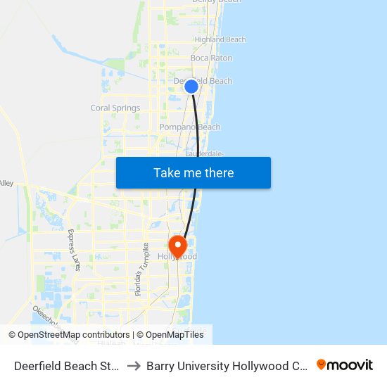 Deerfield Beach Station to Barry University Hollywood Campus map