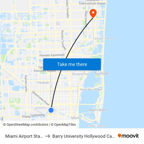 Miami Airport Station to Barry University Hollywood Campus map