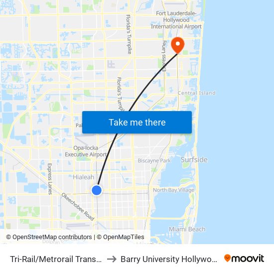 Tri-Rail/Metrorail Transfer Station to Barry University Hollywood Campus map