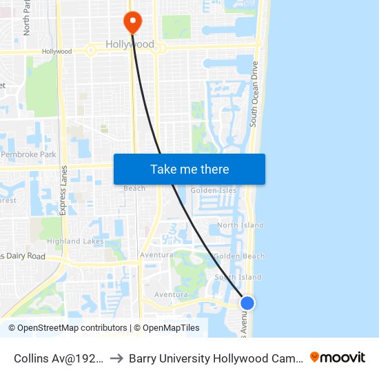 Collins Av@192 St to Barry University Hollywood Campus map