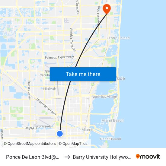 Ponce De Leon Blvd@Douglas Rd to Barry University Hollywood Campus map