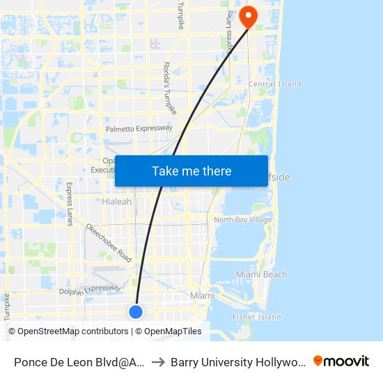 Ponce De Leon Blvd@Antiquera Av to Barry University Hollywood Campus map