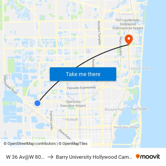 W 36 Av@W 80 St to Barry University Hollywood Campus map