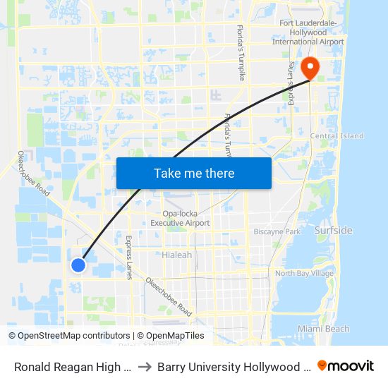Ronald Reagan High School to Barry University Hollywood Campus map