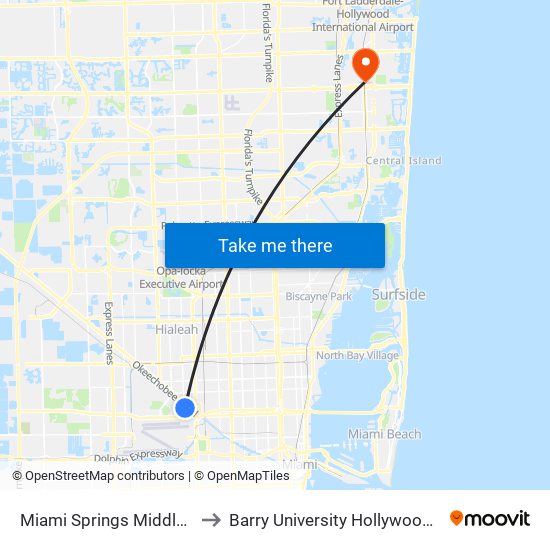 Miami Springs Middle School to Barry University Hollywood Campus map