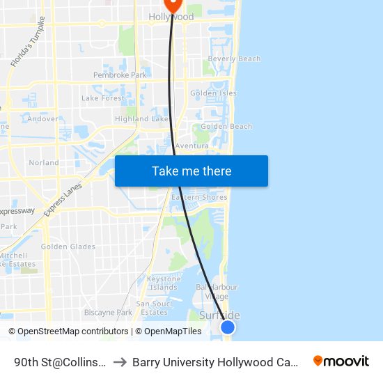 90th St@Collins Av to Barry University Hollywood Campus map