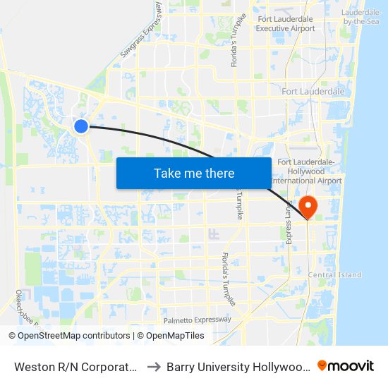 Weston R/N Corporate Lakes B to Barry University Hollywood Campus map